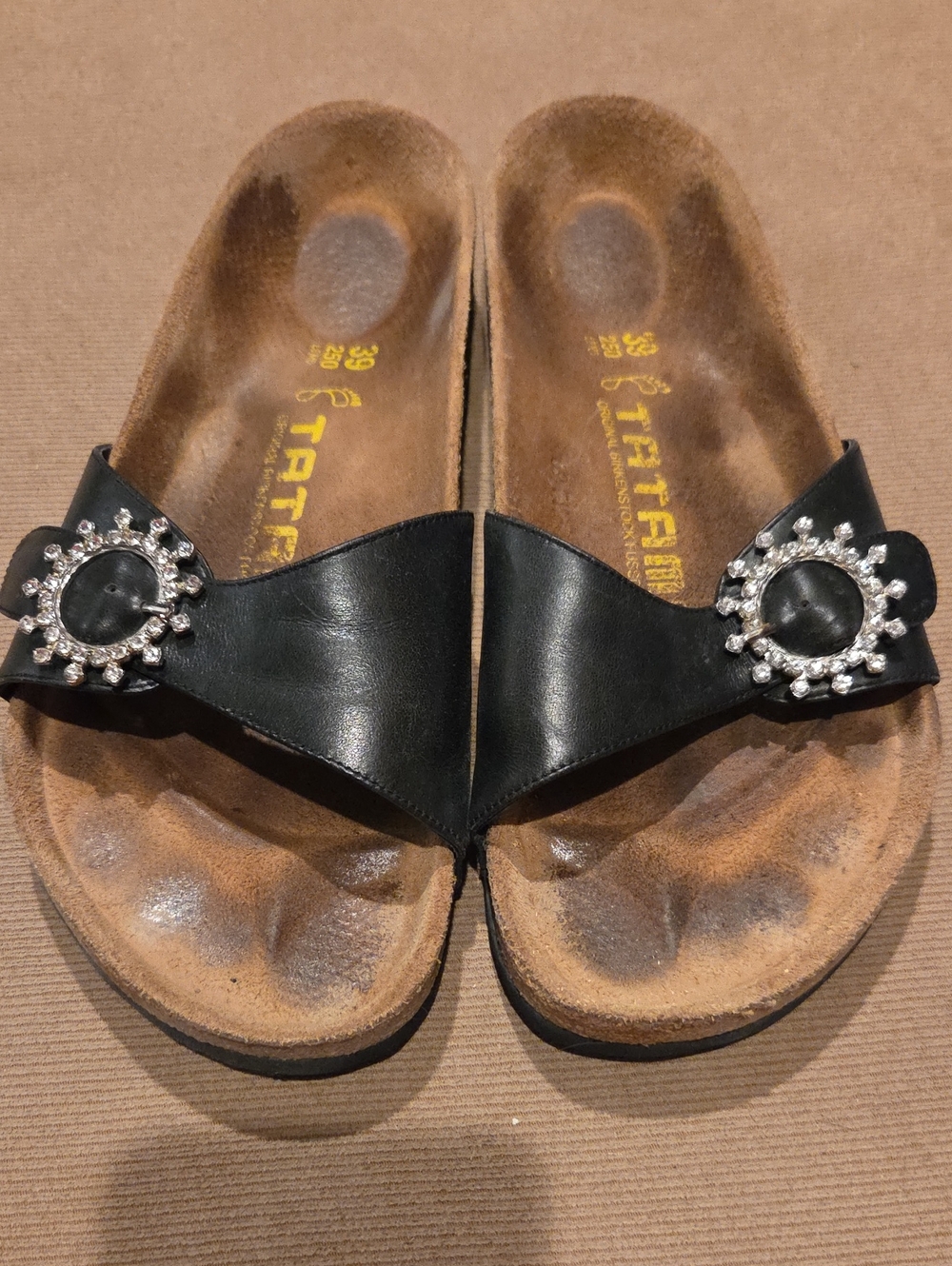 Tatami By Birkenstock Black Leather Slip-On Sandals with Crystal Accent Size 39